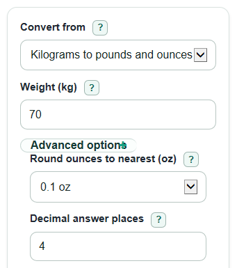 Example inputs for Kilograms to Pounds and Ounces Converter