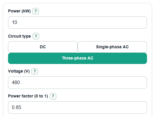 Example inputs for Kilowatts to Amps Calculator