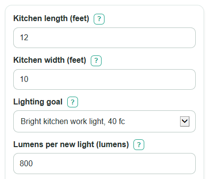 Example inputs for Kitchen Lighting Calculator