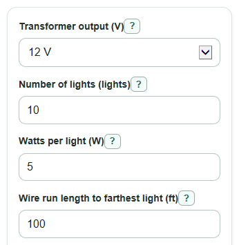 Example inputs for Landscape Lighting Calculator