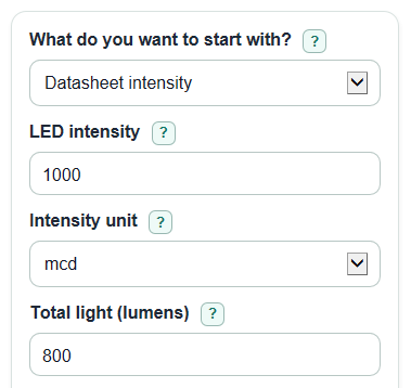 Example inputs for LED Brightness Calculator