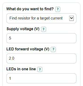 Example inputs for LED Current Calculator