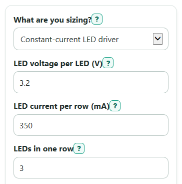 Example inputs for LED Driver Calculator
