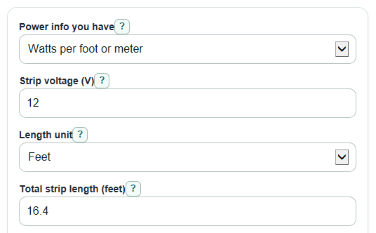 Example inputs for LED Strip Amps Calculator