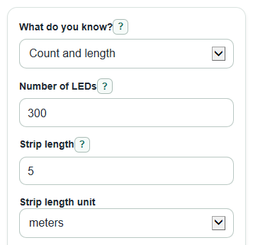 Example inputs for LED Strip Density Calculator