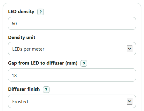 Example inputs for LED Strip Diffuser Calculator