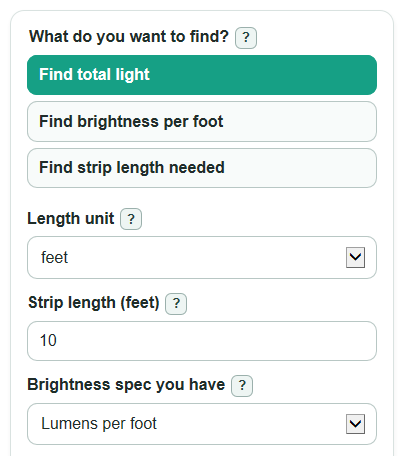 Example inputs for LED Strip Lumens Calculator