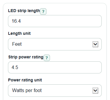 Example inputs for LED Strip Power Calculator