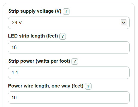 Example inputs for LED Strip Voltage Drop Calculator