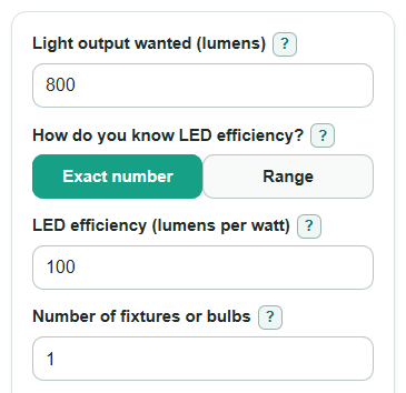 Example inputs for LED Wattage Calculator