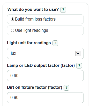 Example inputs for Light Loss Factor Calculator