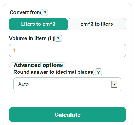 Example inputs for Liters to Cubic Centimeters Converter