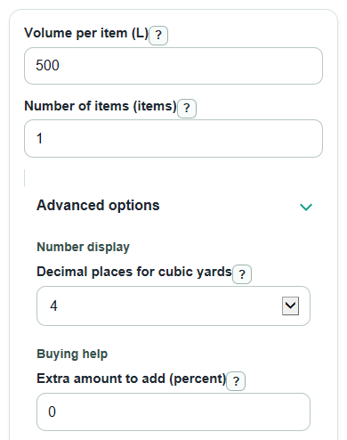 Example inputs for Liters to Cubic Yards Converter