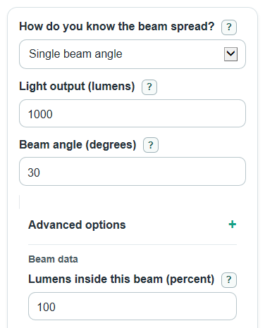 Example inputs for Lumens to Candela Calculator
