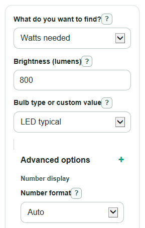 Example inputs for Lumens to Watts Calculator