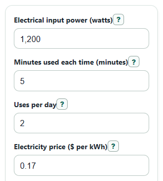 Example inputs for Microwave Running Cost Calculator
