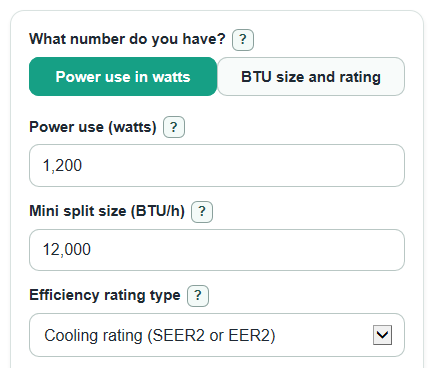 Example inputs for Mini Split Running Cost Calculator