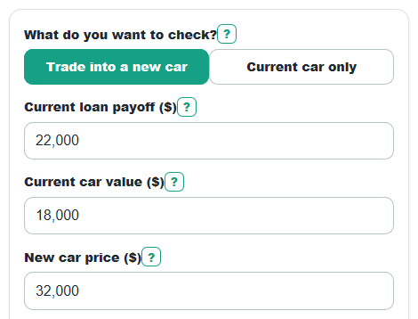 Example inputs for Negative Equity Car Loan Calculator