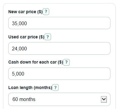 Example inputs for New Car vs Used Car Calculator