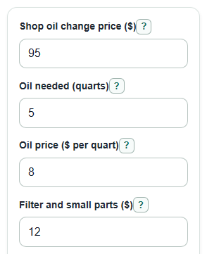 Example inputs for Oil Change Cost Calculator