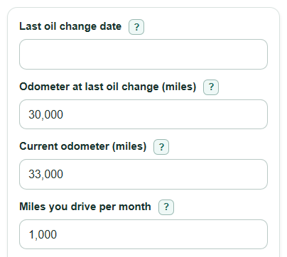 Example inputs for Oil Change Interval Calculator