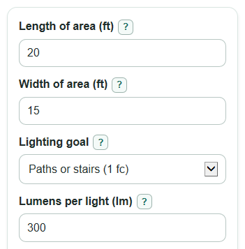 Example inputs for Outdoor Lighting Calculator