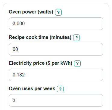 Example inputs for Oven Running Cost Calculator