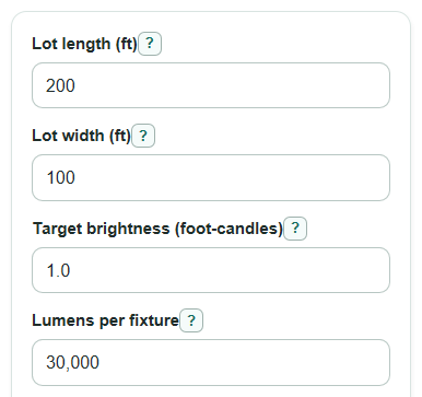 Example inputs for Parking Lot Lighting Calculator