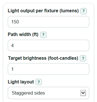 Example inputs for Pathway Lighting Calculator