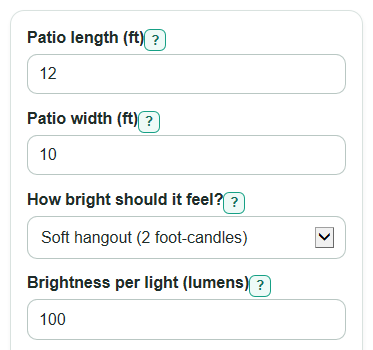 Example inputs for Patio Lighting Calculator