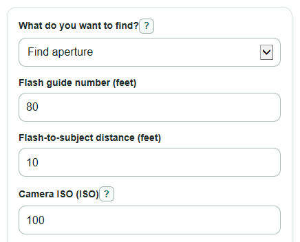 Example inputs for Photography Lighting Calculator
