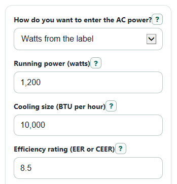 Example inputs for Portable AC Running Cost Calculator