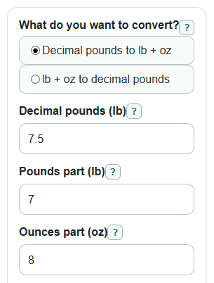 Example inputs for Pounds to Pounds and Ounces Converter