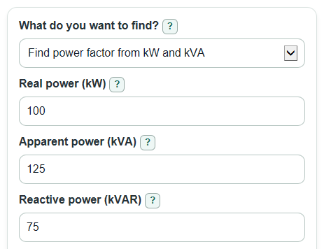 Example inputs for Power Factor Calculator