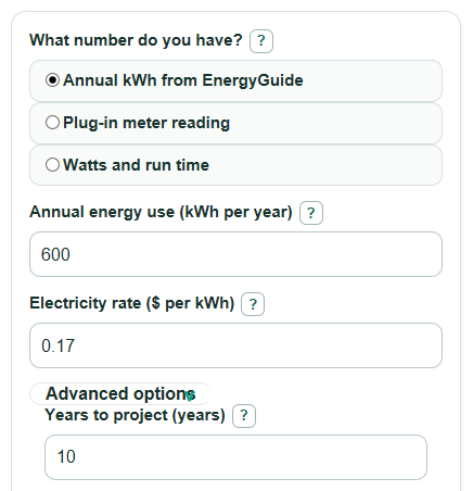 Example inputs for Refrigerator Running Cost Calculator
