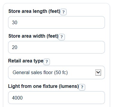 Example inputs for Retail Lighting Calculator