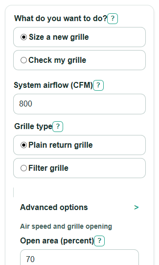 Example inputs for Return Air Grille Size Calculator
