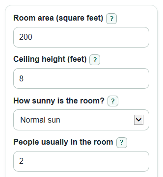 Example inputs for Room BTU Calculator
