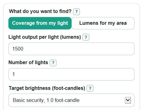 Example inputs for Security Light Coverage Calculator