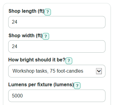 Example inputs for Shop Lighting Calculator