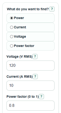 Example inputs for Single Phase Power Calculator