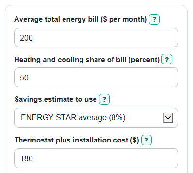 Example inputs for Smart Thermostat Savings Calculator