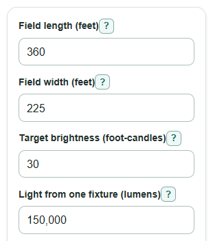 Example inputs for Soccer Field Lighting Calculator