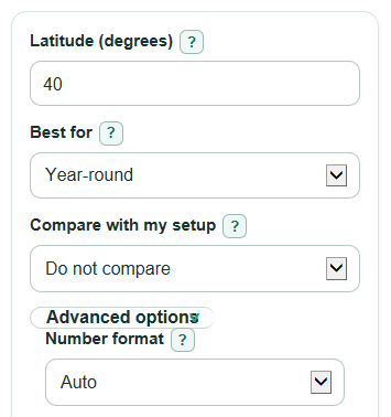 Example inputs for Solar Panel Angle Calculator