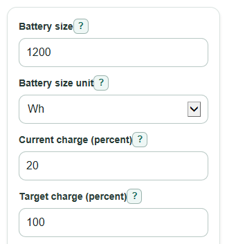 Example inputs for Solar Panel Charge Time Calculator