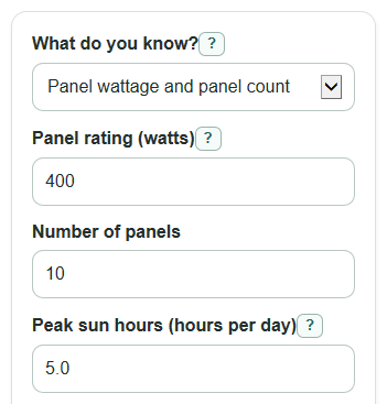 Example inputs for Solar Panel Output Calculator