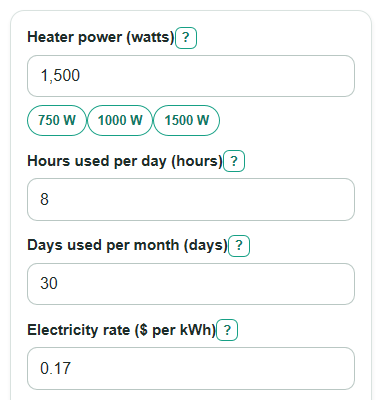 Example inputs for Space Heater Running Cost Calculator