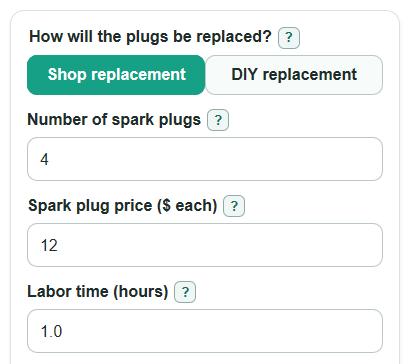 Example inputs for Spark Plug Replacement Cost Calculator