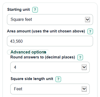 Example inputs for Square Feet to Acres and Square Yards Converter