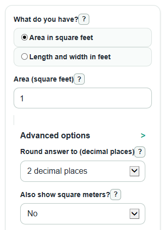 Example inputs for Square Feet to Square Centimeters Converter